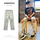 Men Jeans Ripped Jeans Men's Summer Vintage Distressed Loose Casual Wide-Leg Trousers